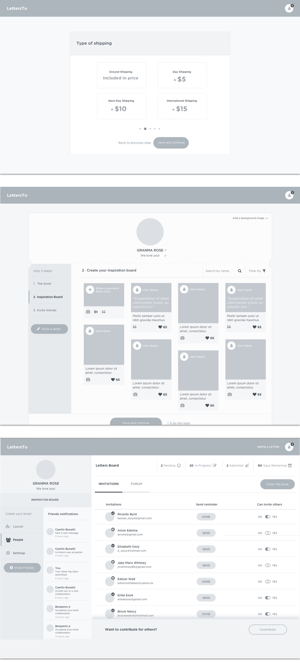 Letters To wireframes — user flows and screen structure
