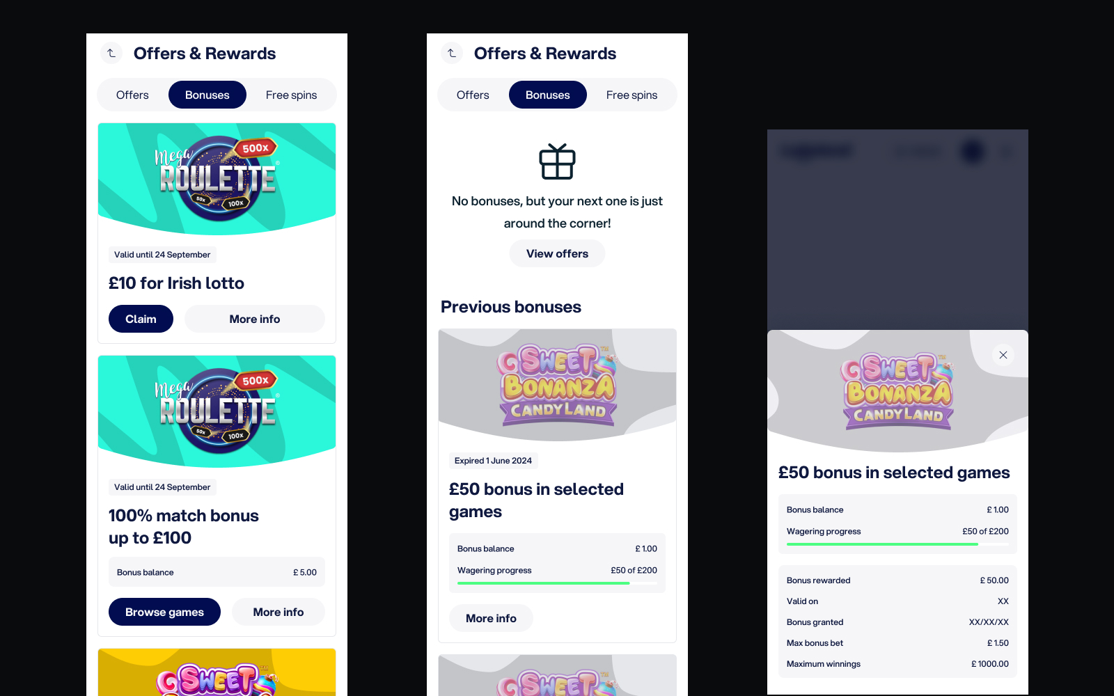 Bonus wallet — active, pending and used bonuses with game links
