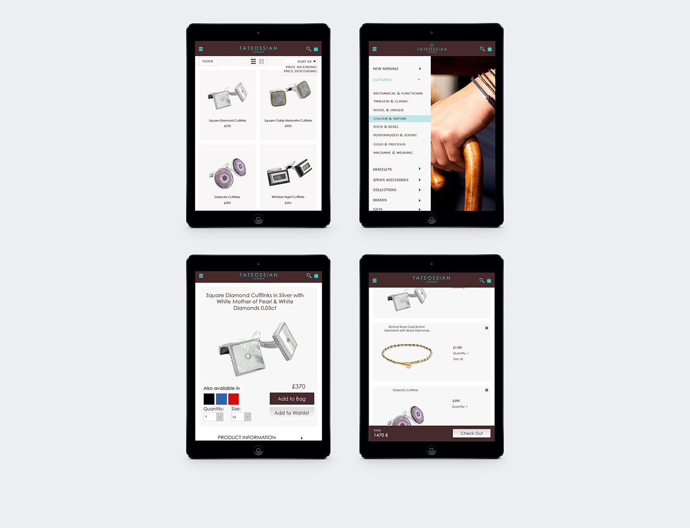 Four mobile screens — listing, navigation, product detail, bag